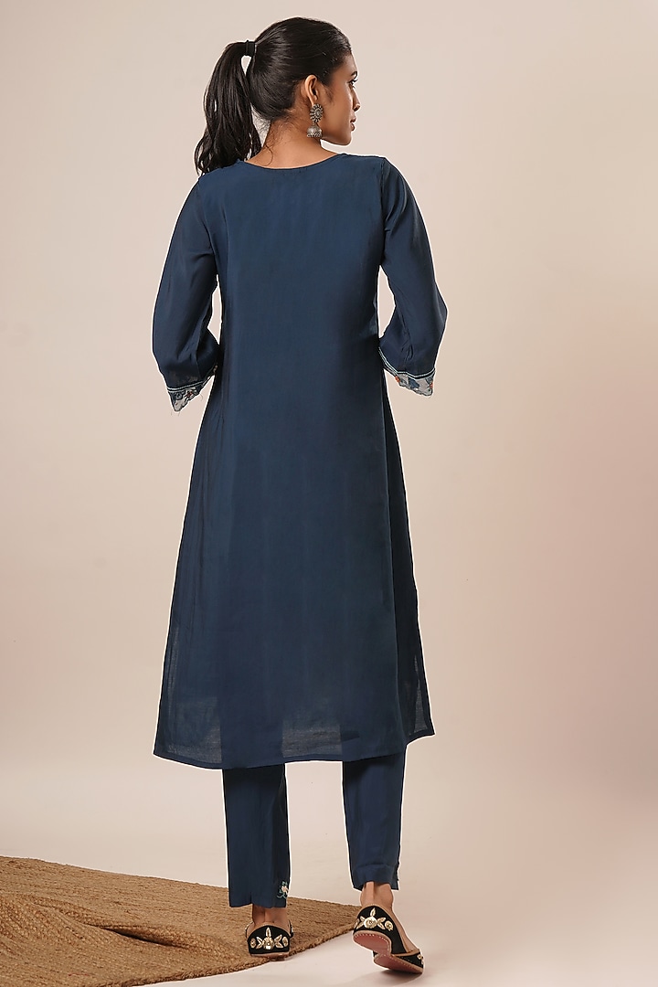 Blue Pure Viscose Silk Thread Work A-Line Kurta Set by AVAHA at Pernia's Pop Up Shop