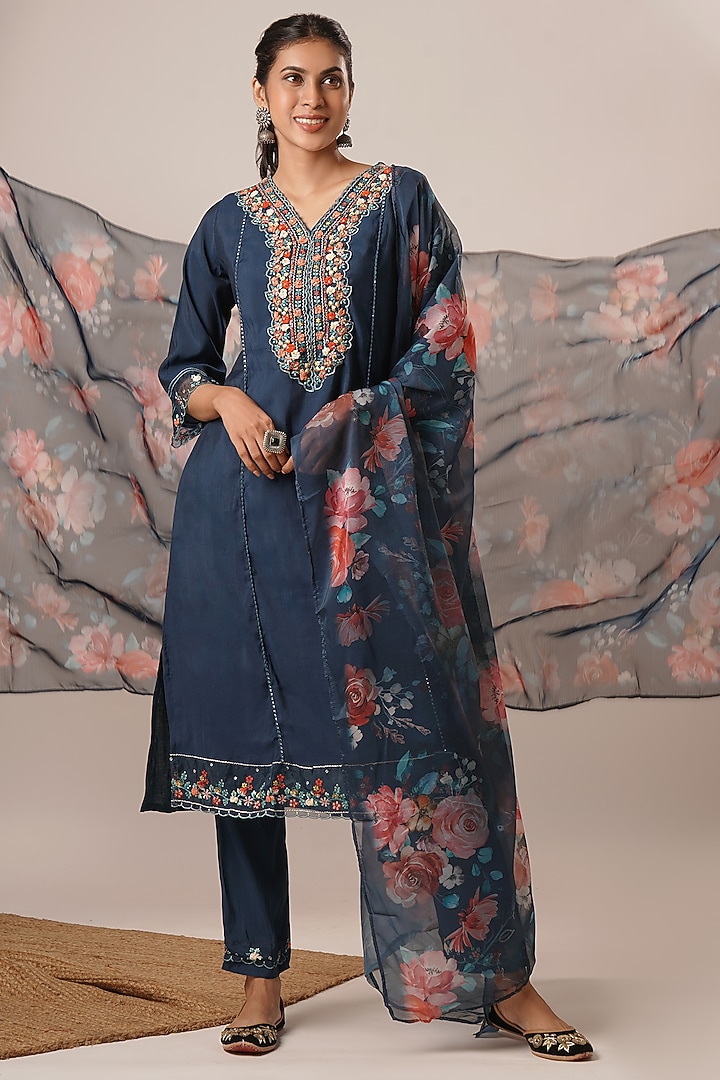 Blue Pure Viscose Silk Thread Work A-Line Kurta Set by AVAHA at Pernia's Pop Up Shop