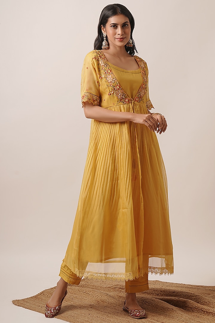 Yellow Viscose Silk Thread Embroidered Jacket Kurta Set by AVAHA