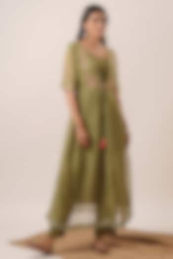 Green Viscose Silk Thread Embroidered Jacket Kurta Set by AVAHA