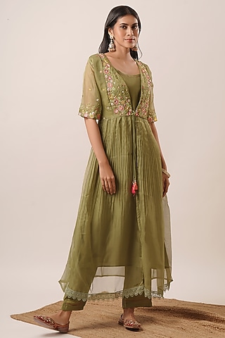 Green Viscose Silk Thread Embroidered Jacket Kurta Set by AVAHA
