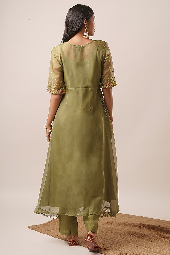 Green Viscose Silk Thread Embroidered Jacket Kurta Set by AVAHA at Pernia's Pop Up Shop