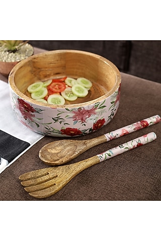 Pink Mango Wood Floral Printed Serving Bowl Set by A Vintage Affair