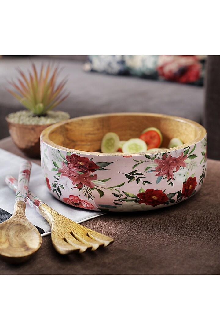 Pink Mango Wood Floral Printed Serving Bowl Set by A Vintage Affair at Pernia's Pop Up Shop