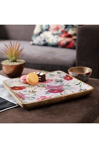 Pink Mango Wood Floral Printed Square Serving Tray  by A Vintage Affair