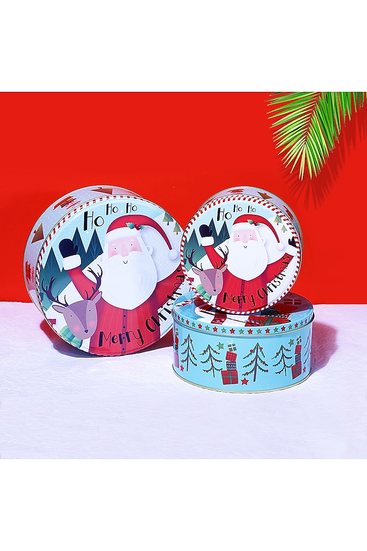 Powder Blue Metal Joyful Santa Round Canister Set by A Vintage Affair at Pernia's Pop Up Shop