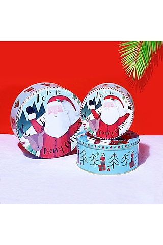 Powder Blue Metal Joyful Santa Round Canister Set by A Vintage Affair
