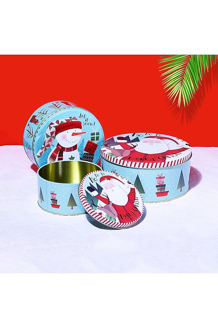 Powder Blue Metal Joyful Santa Round Canister Set by A Vintage Affair at Pernia's Pop Up Shop
