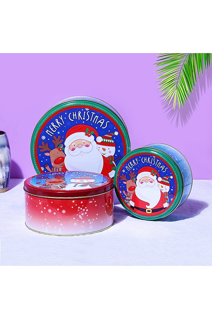 Red & Powder Blue Metal Joyful Santa Round Canister Set by A Vintage Affair at Pernia's Pop Up Shop