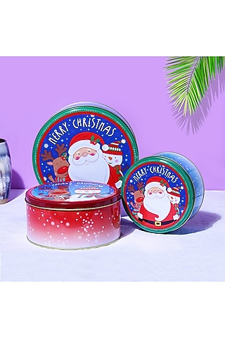 Red & Powder Blue Metal Joyful Santa Round Canister Set by A Vintage Affair