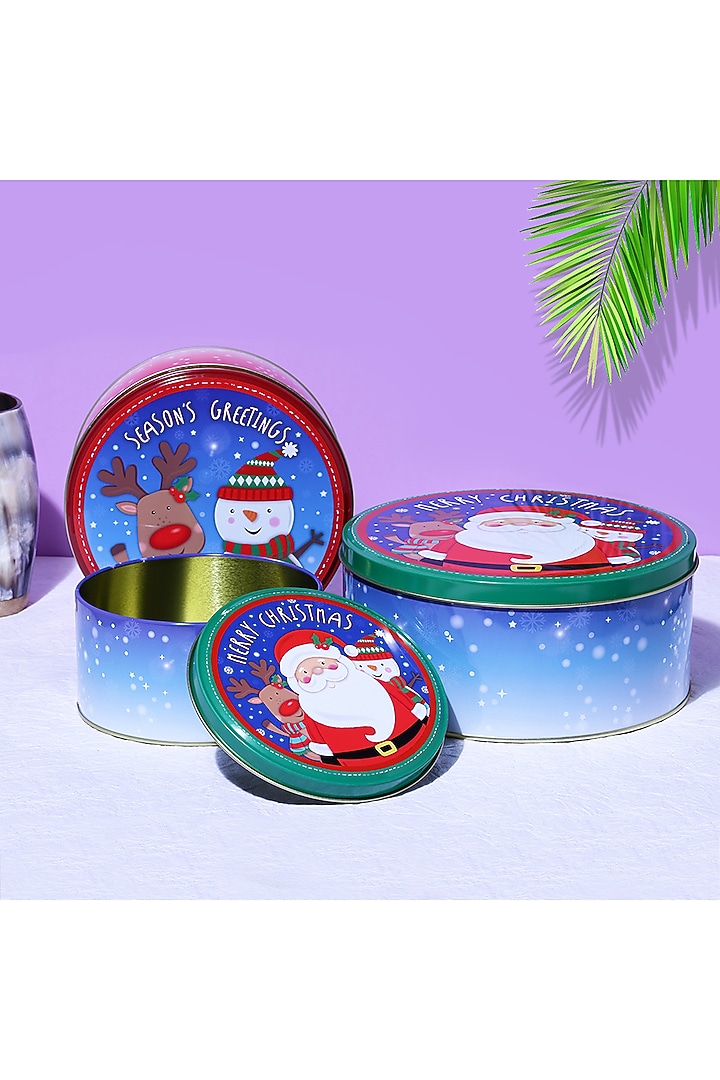 Red & Powder Blue Metal Joyful Santa Round Canister Set by A Vintage Affair at Pernia's Pop Up Shop