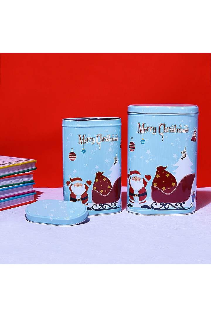 Powder Blue Metal Santa Sleigh Tall Canister Set by A Vintage Affair at Pernia's Pop Up Shop