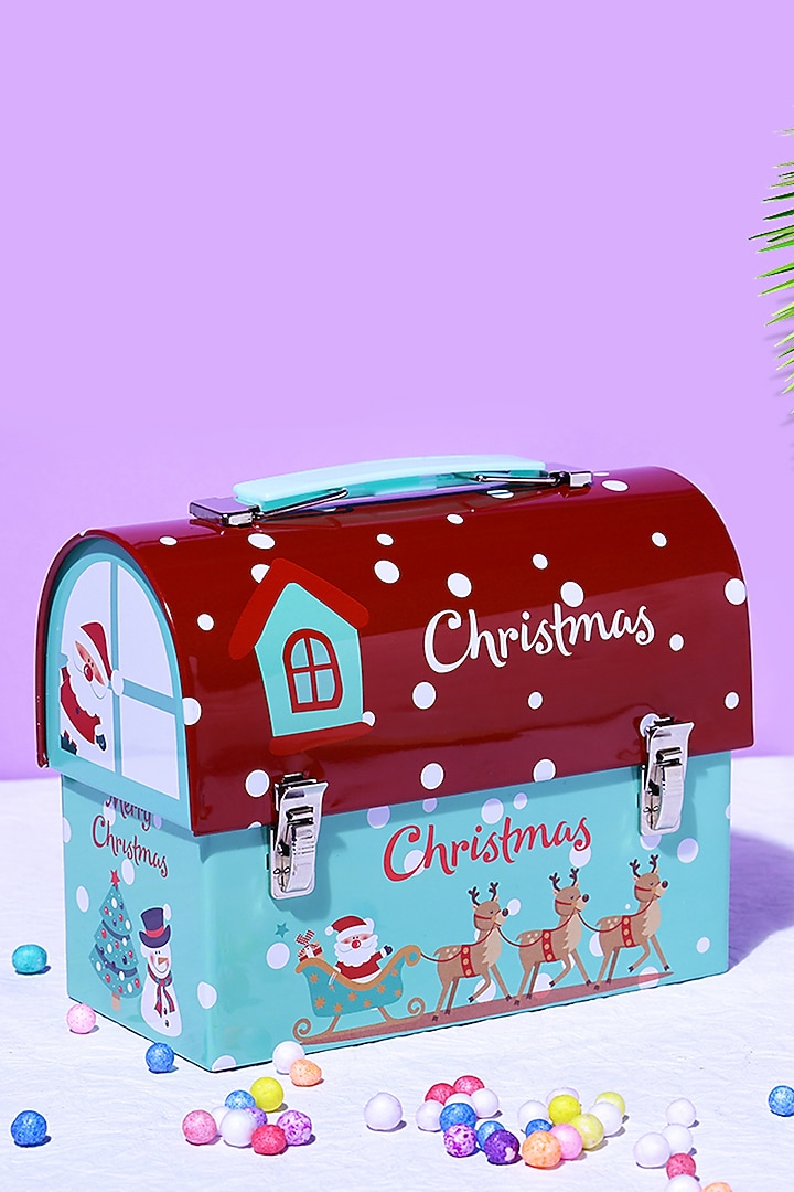 Red & Blue Metal Reindeer Trunk Box Piggy Bank by A Vintage Affair at Pernia's Pop Up Shop