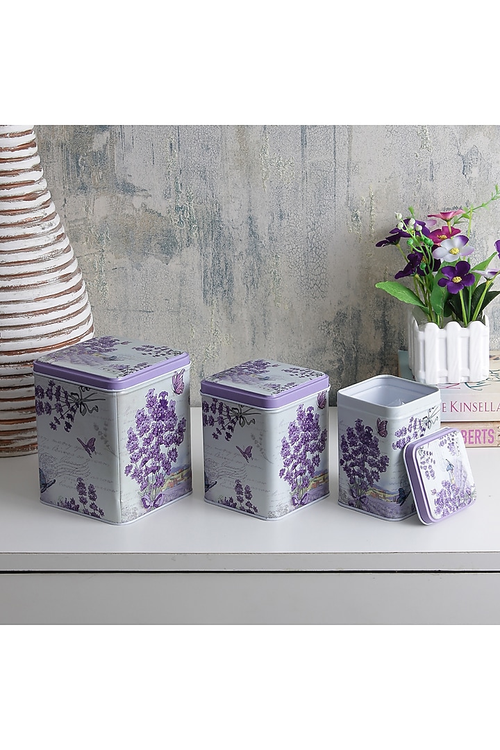 Dark Lavender Metal Floral Vintage Tin Container Set by A Vintage Affair at Pernia's Pop Up Shop
