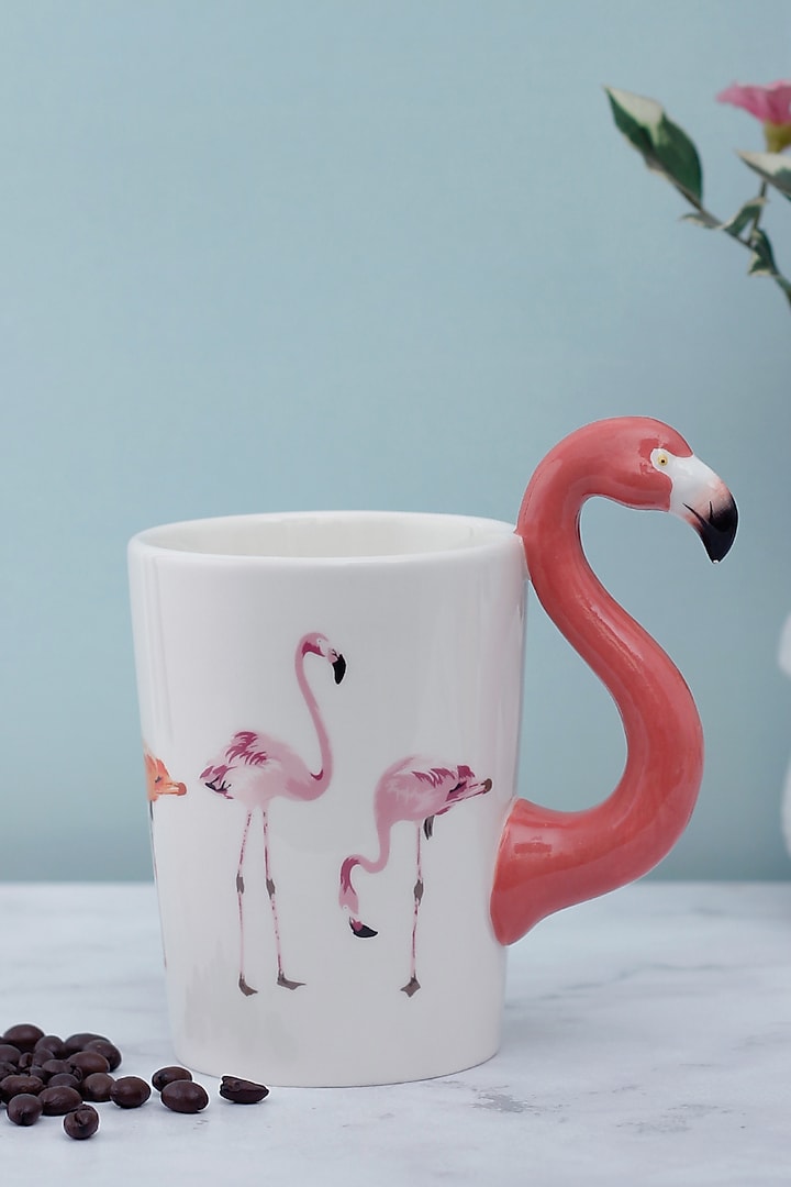White Ceramic Flamingo Handle Mug by A Vintage Affair