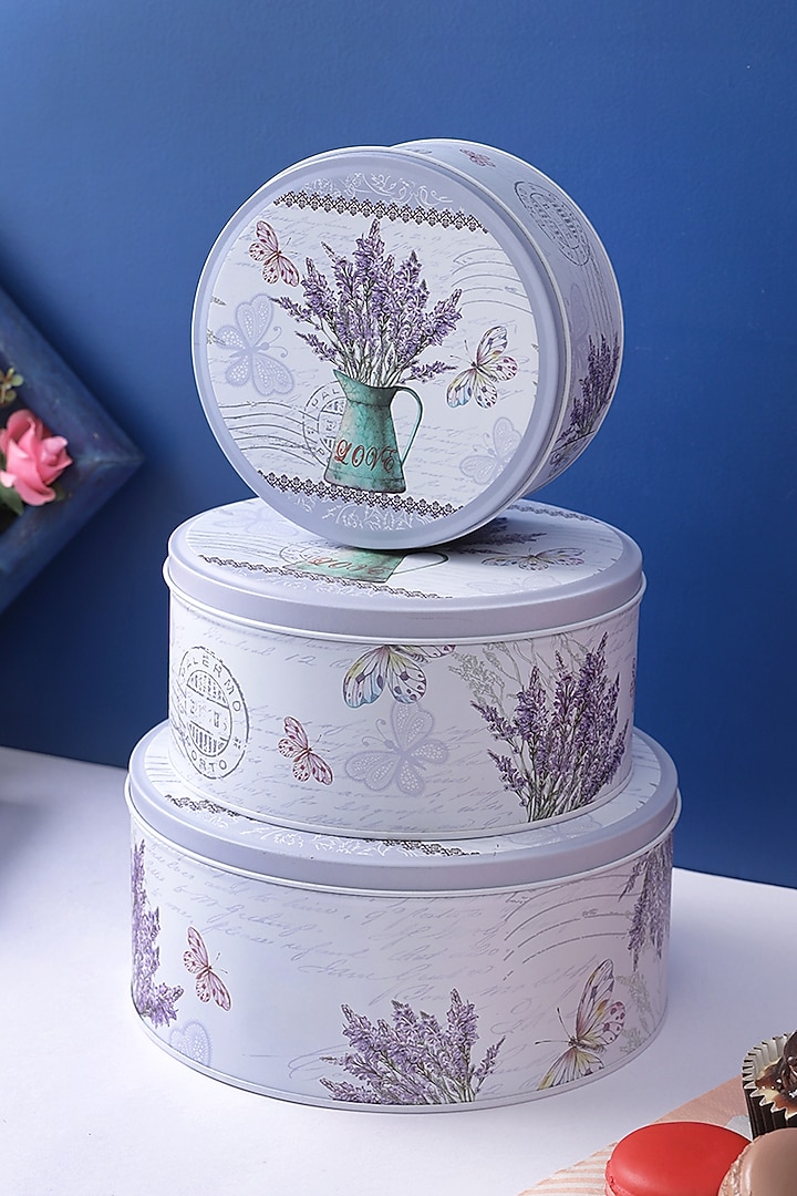 Lavender Metal Printed Round Tin Storage Box (Set of 3) by A Vintage Affair at Pernia's Pop Up Shop