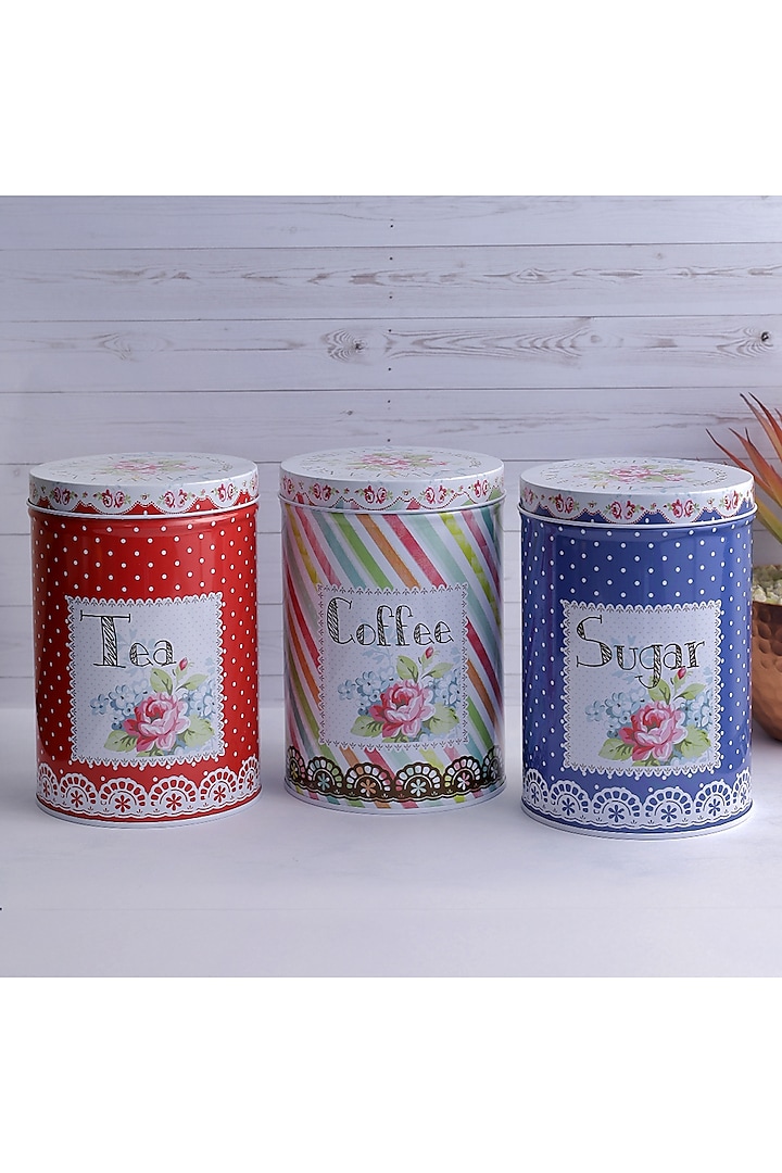 Multi-Colored Metal Floral Dotted Kitchen Storage Canisters (Set of 3) by A Vintage Affair