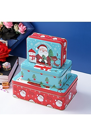 Powder Blue Metal Santa Snowman Reindeer Rectangle Box (Set of 3) by A Vintage Affair