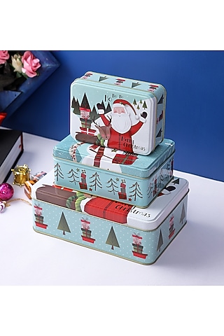 Powder Blue Metal Joyful Santa Rectangle Box (Set of 3) by A Vintage Affair