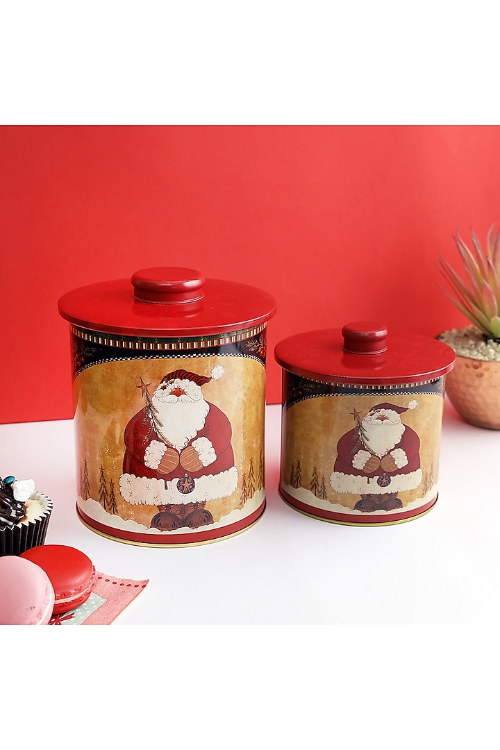 Beige Metal Fat Santa Claus Canisters (Set of 2) by A Vintage Affair