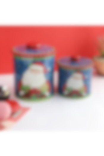 Powder Blue Metal Cheerful Santa Claus Canisters (Set of 2) by A Vintage Affair