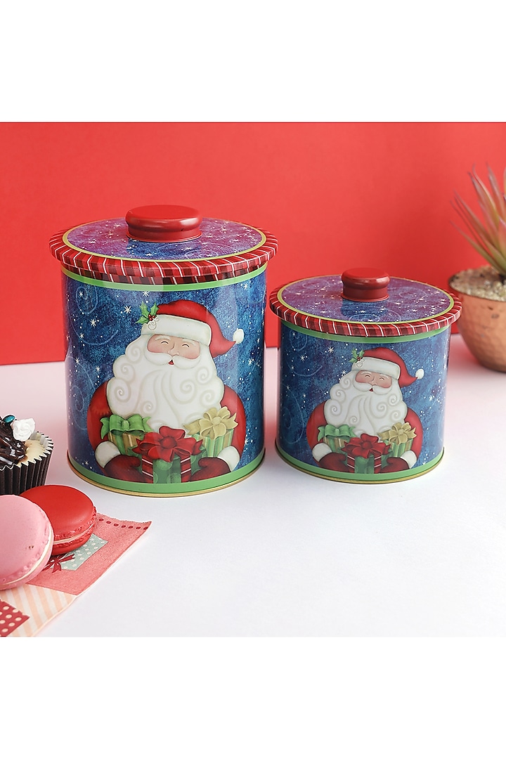 Powder Blue Metal Cheerful Santa Claus Canisters (Set of 2) by A Vintage Affair