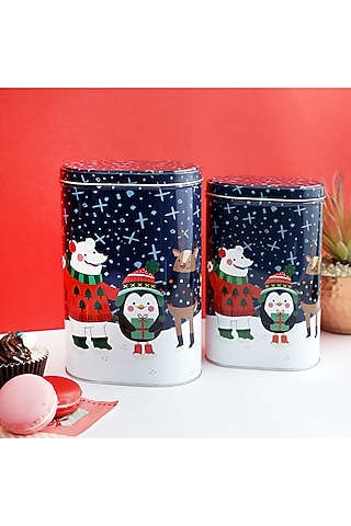 Powder Blue Metal Santa & Friends Tall Storage Box (Set of 2) by A Vintage Affair