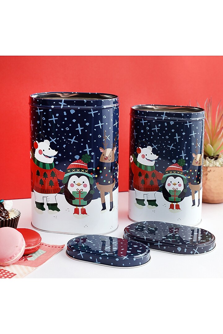 Powder Blue Metal Santa & Friends Tall Storage Box (Set of 2) by A Vintage Affair at Pernia's Pop Up Shop