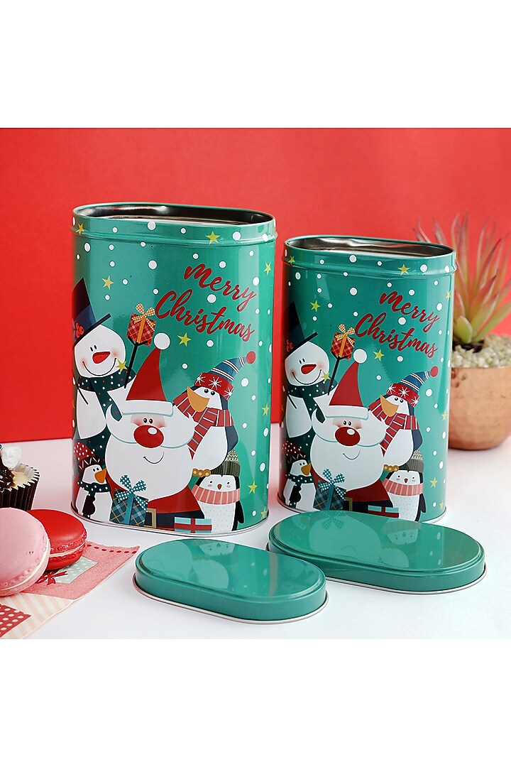Green Metal Santa & Friends Tall Storage Box (Set of 2) by A Vintage Affair at Pernia's Pop Up Shop