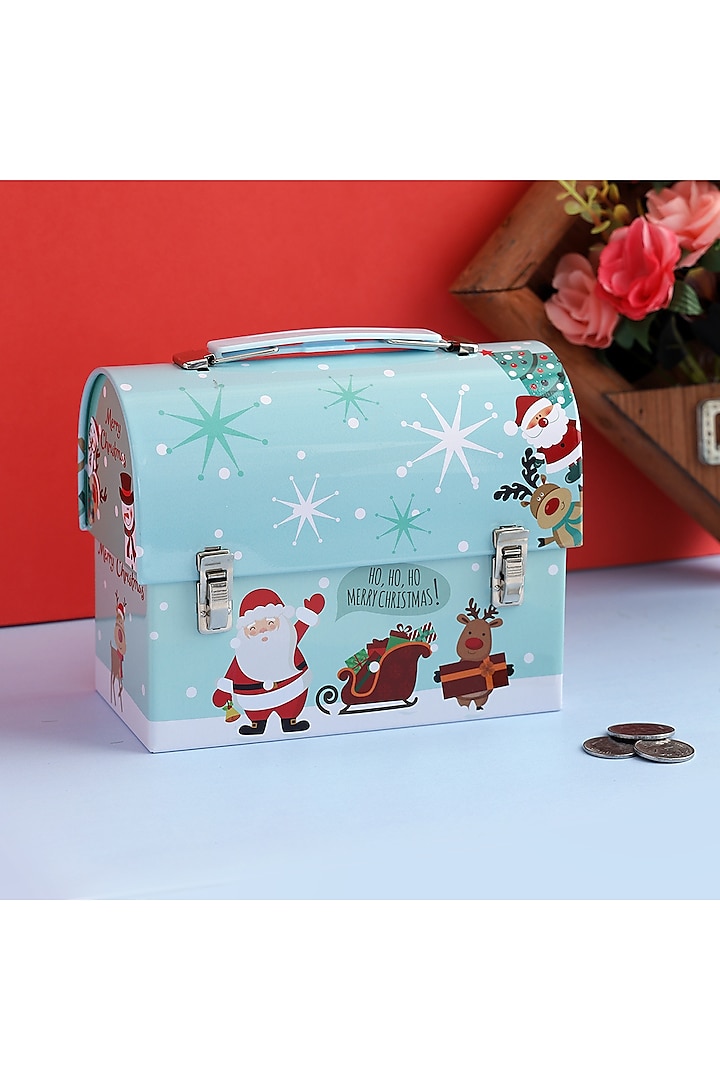 Sky Blue Metal Merry Christmas Trunk Box Piggy Bank by A Vintage Affair