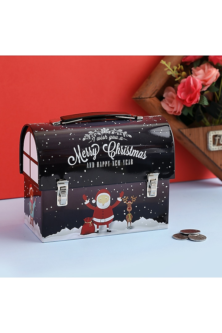 Navy Blue Metal Merry Christmas Trunk Box Piggy Bank by A Vintage Affair