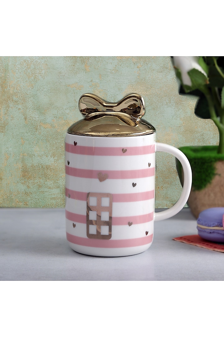 Pink & White Ceramic Cute Striped Mug With Bow Lid by A Vintage Affair