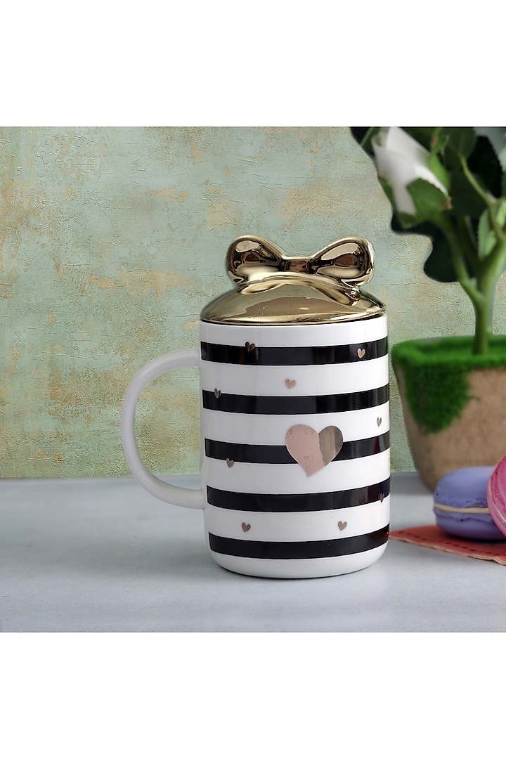 Black & White Ceramic Cute Striped Mug With Bow Lid by A Vintage Affair