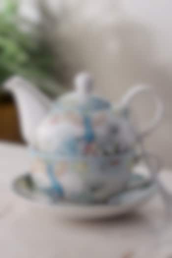 White Ceramic Royal Peacock Printed Tea Set by A Vintage Affair