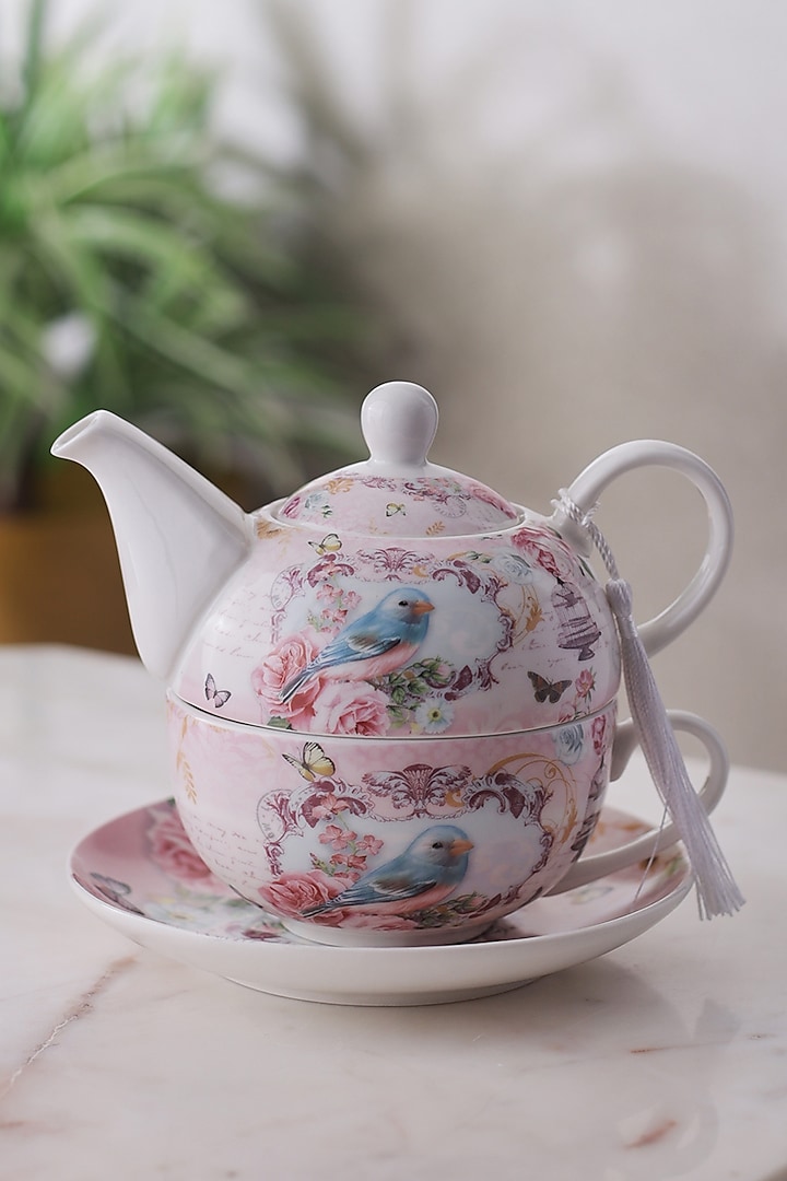 White Ceramic Birdcage Printed Tea Set by A Vintage Affair