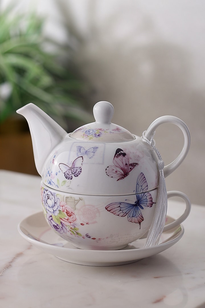 White Ceramic Butterfly Printed Tea Set by A Vintage Affair