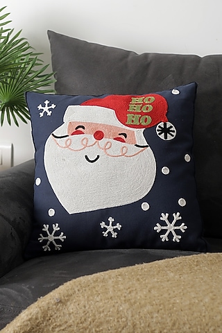 Midnight Blue Polyester & Cotton Embroidered Cushion Cover by A Vintage Affair