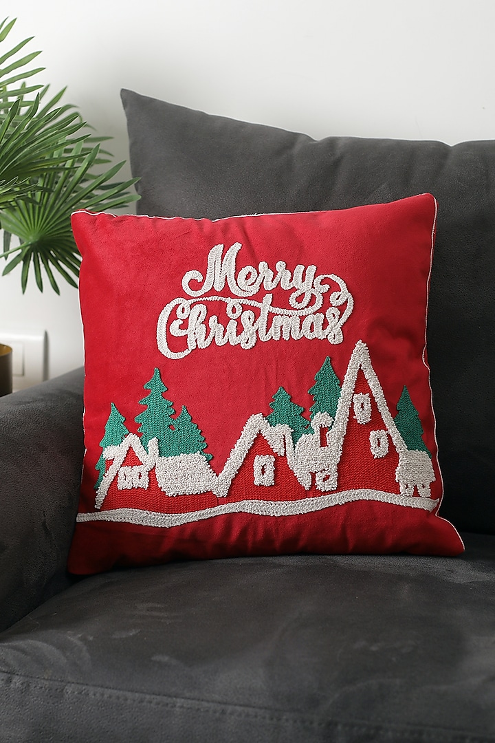 Red Polyester & Cotton Merry Christmas Embroidered Cushion Cover by A Vintage Affair