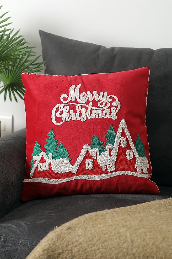 Red Polyester & Cotton Merry Christmas Embroidered Cushion Cover by A Vintage Affair at Pernia's Pop Up Shop