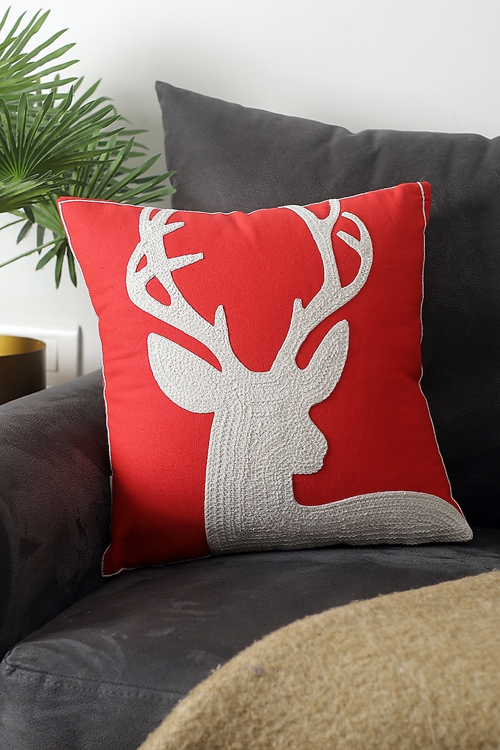Red Polyester & Cotton Christmas Reindeer Embroidered Cushion Cover by A Vintage Affair