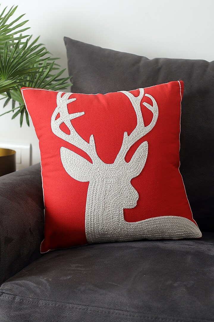 Red Polyester & Cotton Christmas Reindeer Embroidered Cushion Cover by A Vintage Affair at Pernia's Pop Up Shop