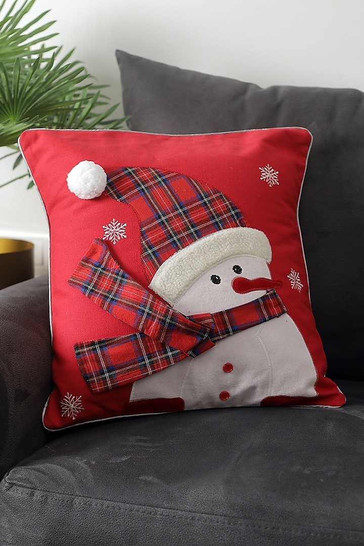 Red Polyester & Cotton Snowman Embroidered Cushion Cover by A Vintage Affair