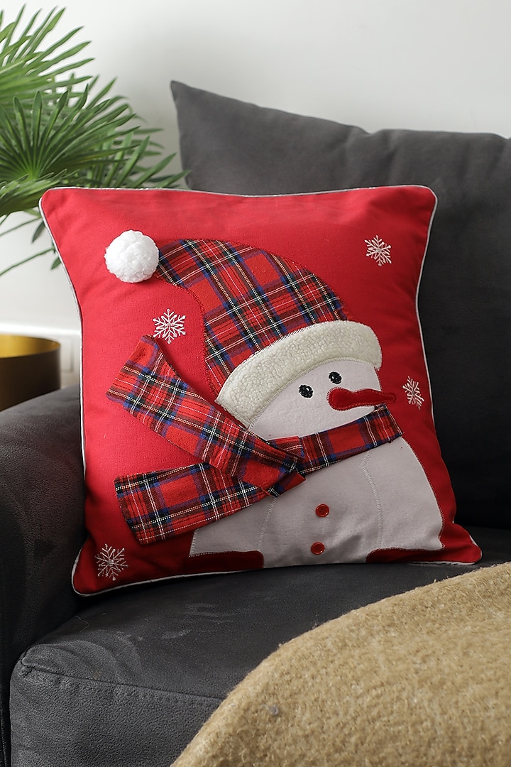 Red Polyester & Cotton Snowman Embroidered Cushion Cover by A Vintage Affair at Pernia's Pop Up Shop