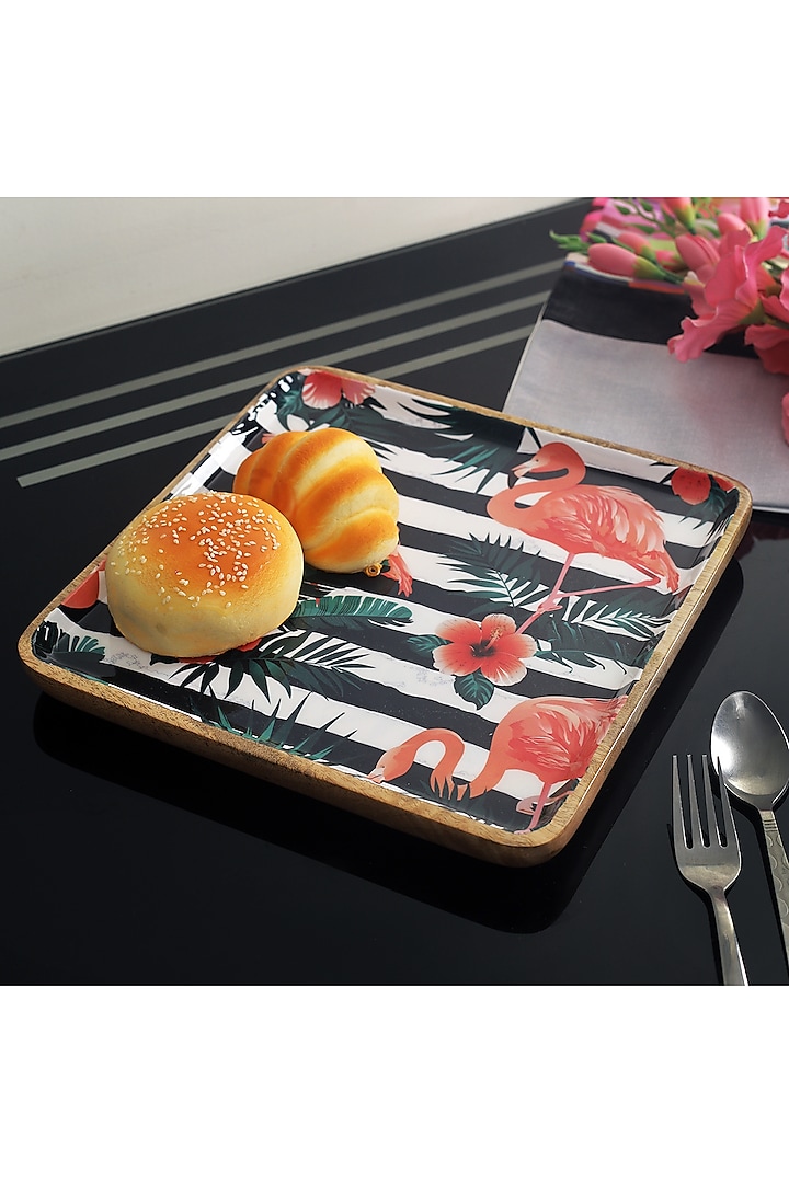 Multi-Colored Mango Wood Flamingo Printed Square Serving Tray by A Vintage Affair