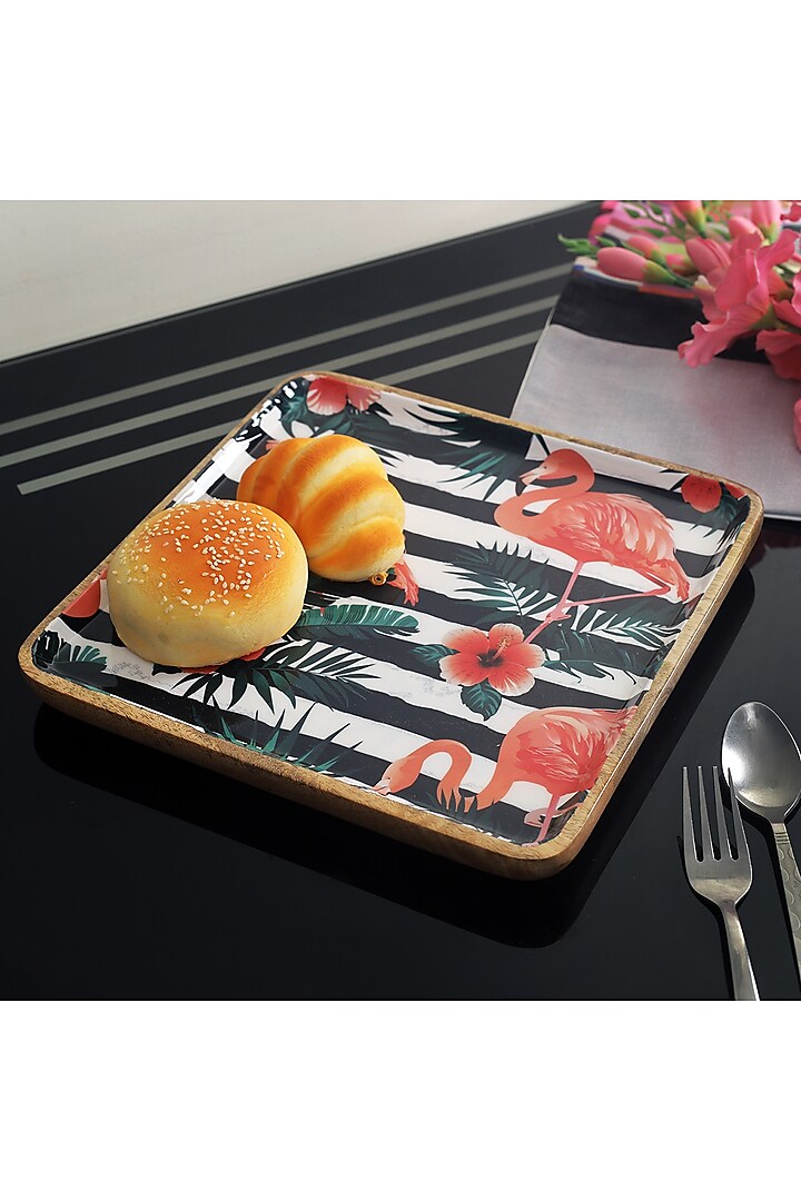 Multi-Colored Mango Wood Flamingo Printed Square Serving Tray by A Vintage Affair