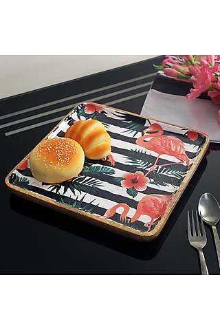 Multi-Colored Mango Wood Flamingo Printed Square Serving Tray by A Vintage Affair