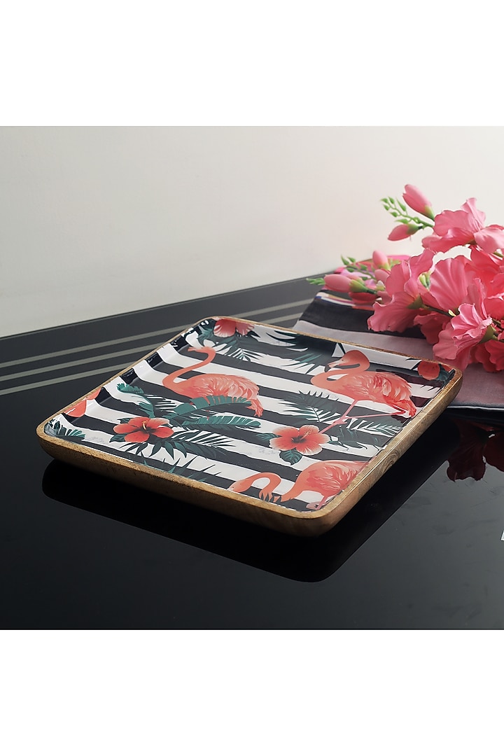 Multi-Colored Mango Wood Flamingo Printed Square Serving Tray by A Vintage Affair at Pernia's Pop Up Shop