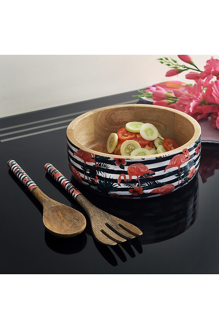 Multi-Colored Mango Wood Flamingo Printed Serving Bowl Set by A Vintage Affair at Pernia's Pop Up Shop