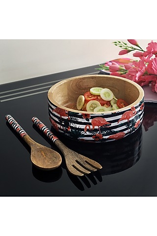 Multi-Colored Mango Wood Flamingo Printed Serving Bowl Set by A Vintage Affair