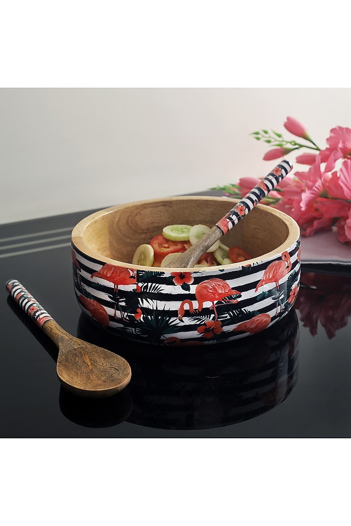 Multi-Colored Mango Wood Flamingo Printed Serving Bowl Set by A Vintage Affair at Pernia's Pop Up Shop